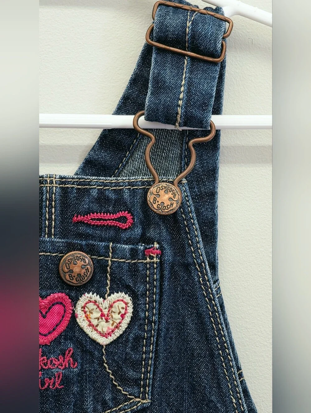 OshKosh B’gosh Girls 12M Denim Overalls Embroidered Hearts Pink